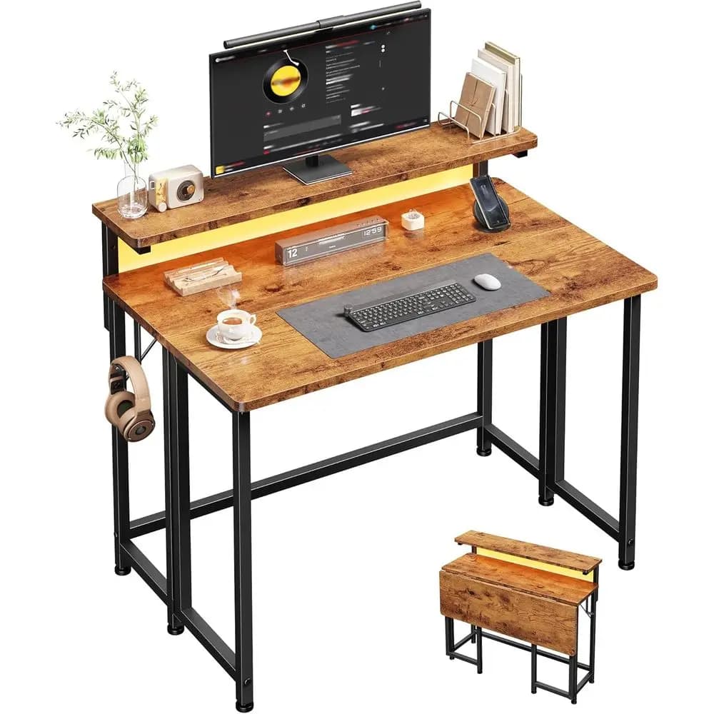 Scrivania pieghevole compatta da 31,5 pollici con illuminazione RGB, ideale per piccoli spazi, scrivania per ufficio domestico con supporto per monitor, facile da montare, marrone