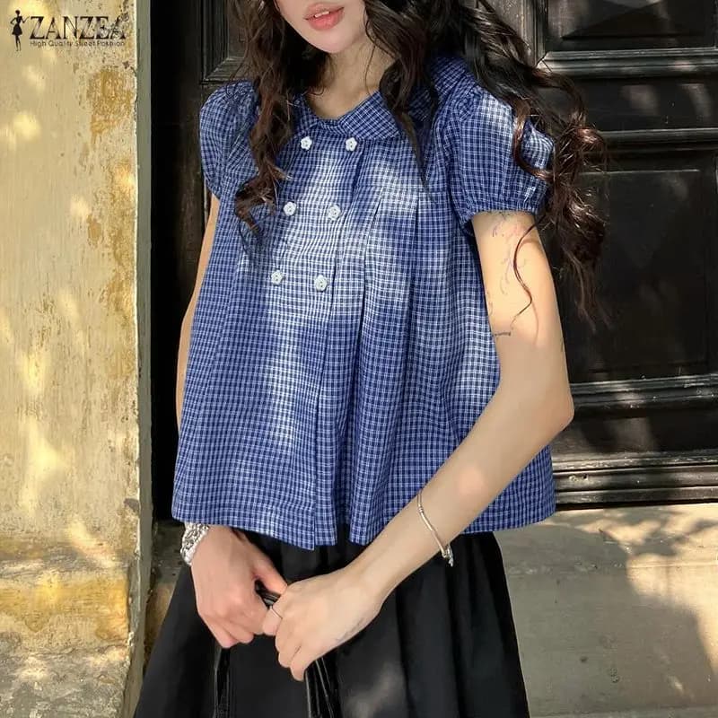 Camicetta Elegante Estiva 2026 con Maniche Corte a Sbuffo e Fantasia Scozzese ZANZEA da Donna, Top da Lavoro alla Moda con Colletto a Risvolto e Bottoni