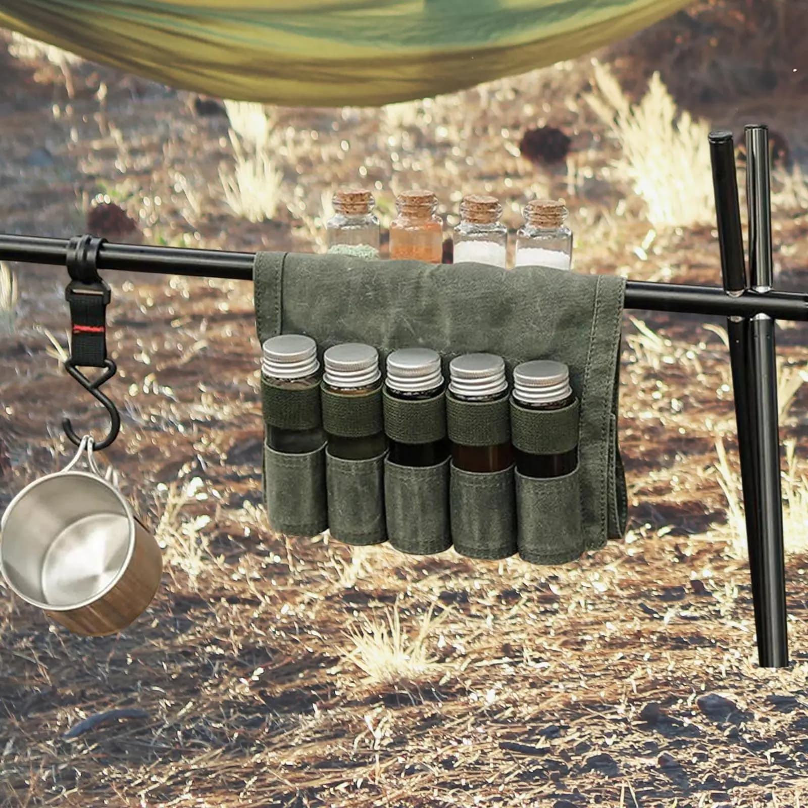 Set di 9 Bottiglie per Condimenti con Borsa in Tela, Contenitori in Vetro Leggeri con Fori Separati Visibili per Accessori da Cucina all'Aperto