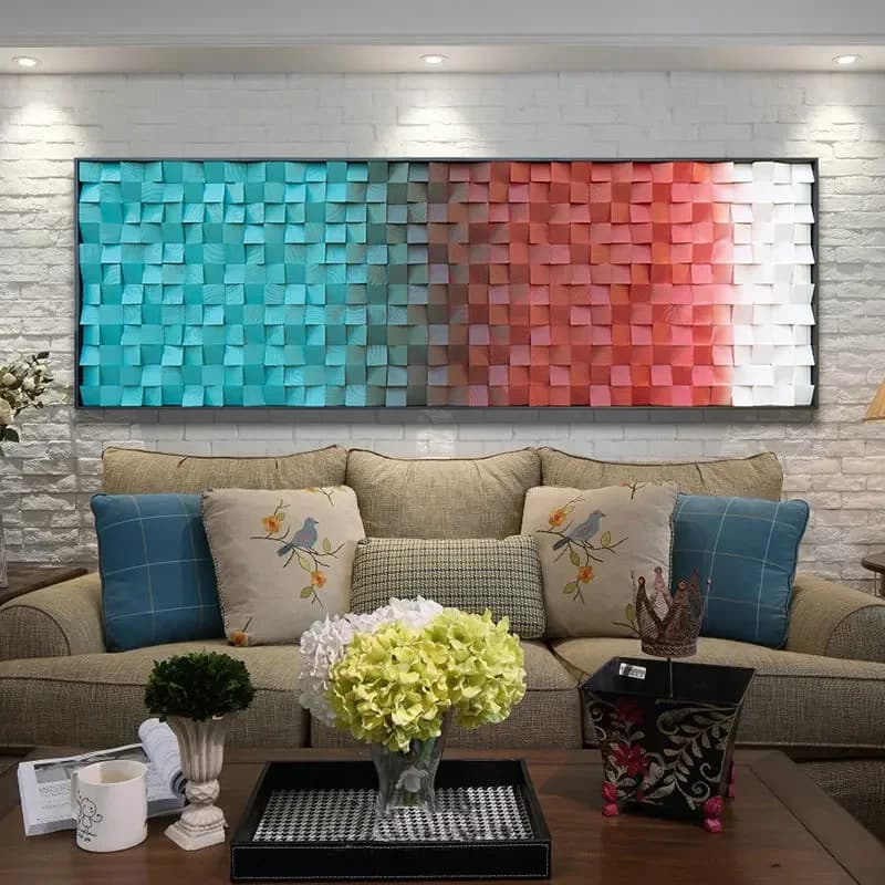 Quadro decorativo da parete con mosaico di blocchi di legno, sfondo sfumato, per soggiorno, divano, comodino, decorazione artistica da appendere.