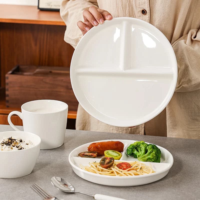 8.2~9.5 inch ceramic divider plates for adults Weight loss Three compartments Simple plate for children White porcelain stoneware