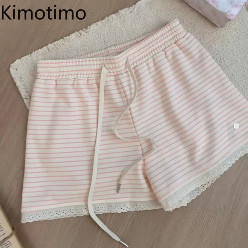 Kimotimo Japanese Y2k Striped Patchwork Lace Shorts Women Elastic Waist Bandage Wide Leg Short Pants Simple Casual Cute Bottoms