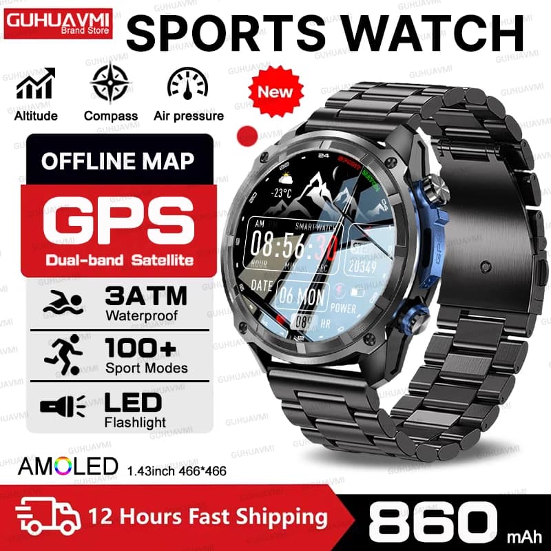 TANK Nuovo Smartwatch con Schermo HD 466*466 per Uomo, GPS di Grado Militare, Mappe Offline, Batteria 860mAh, Bussola, Chiamate Bluetooth, 4GB di Memoria per Musica