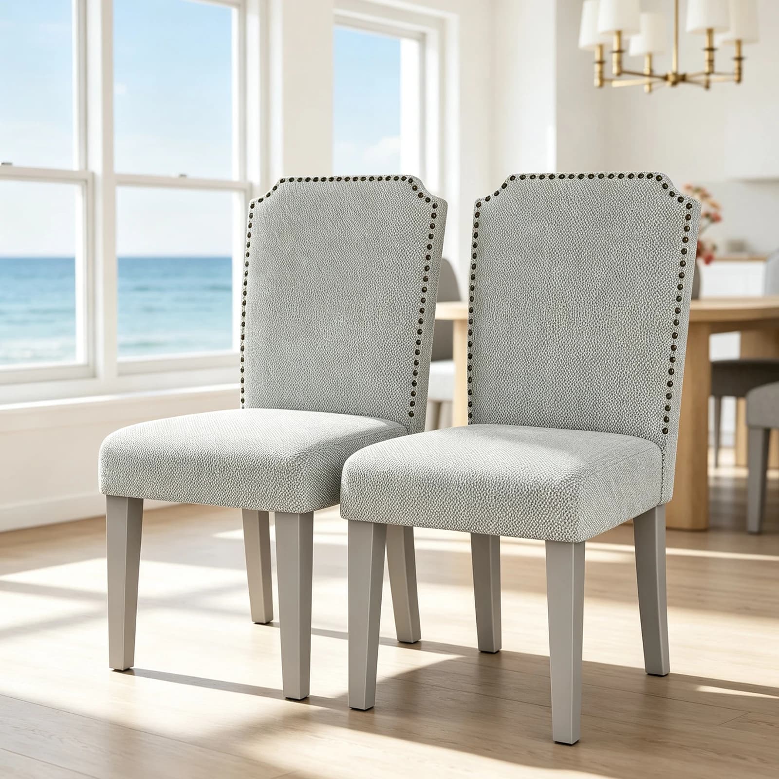 Set Of 2 Grey Upholstered Dining Chairs, Solid Wood Legs, Padded High Back Fabric Side Chairs With Nailhead Trim For Kitchen