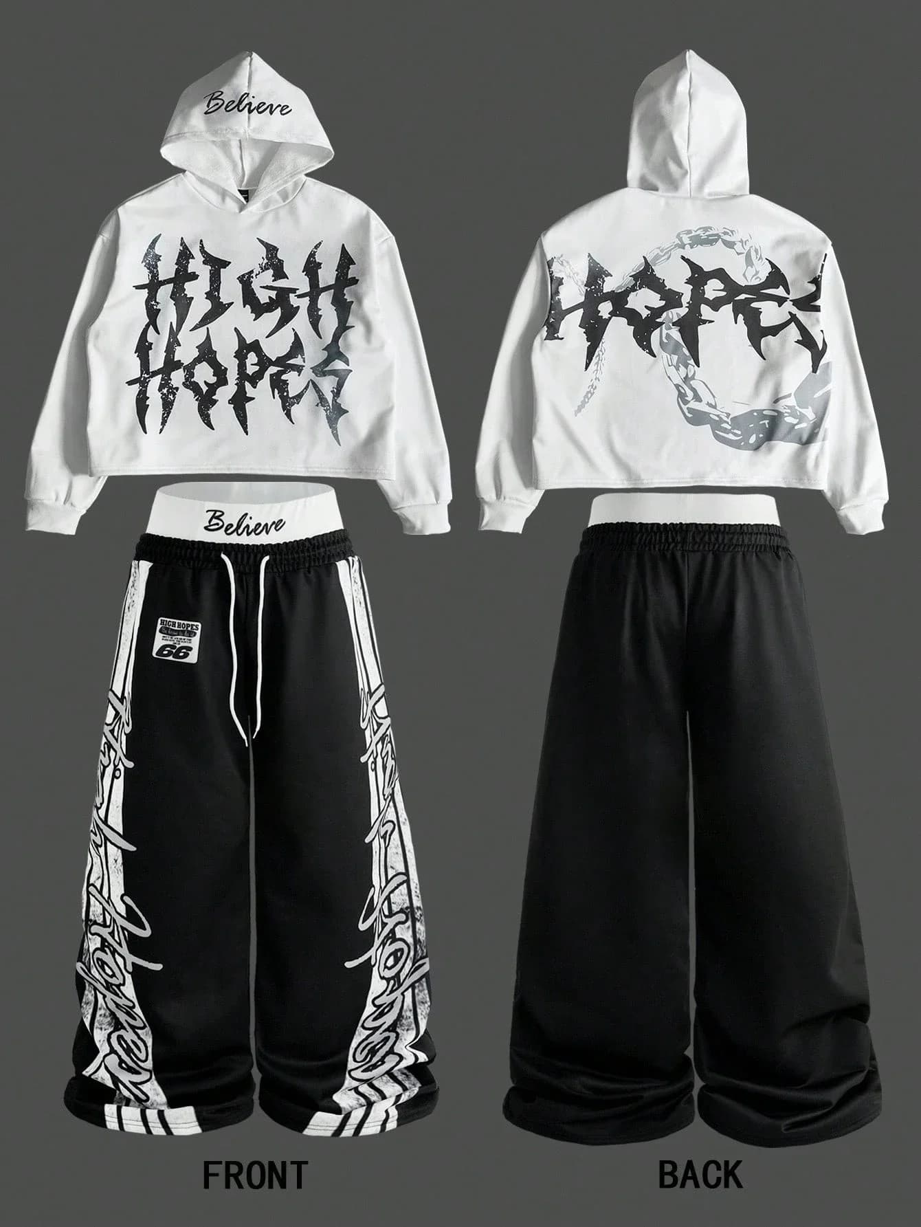 Set di felpa corta bianca e pantaloni neri a gamba larga, outfit casual streetwear