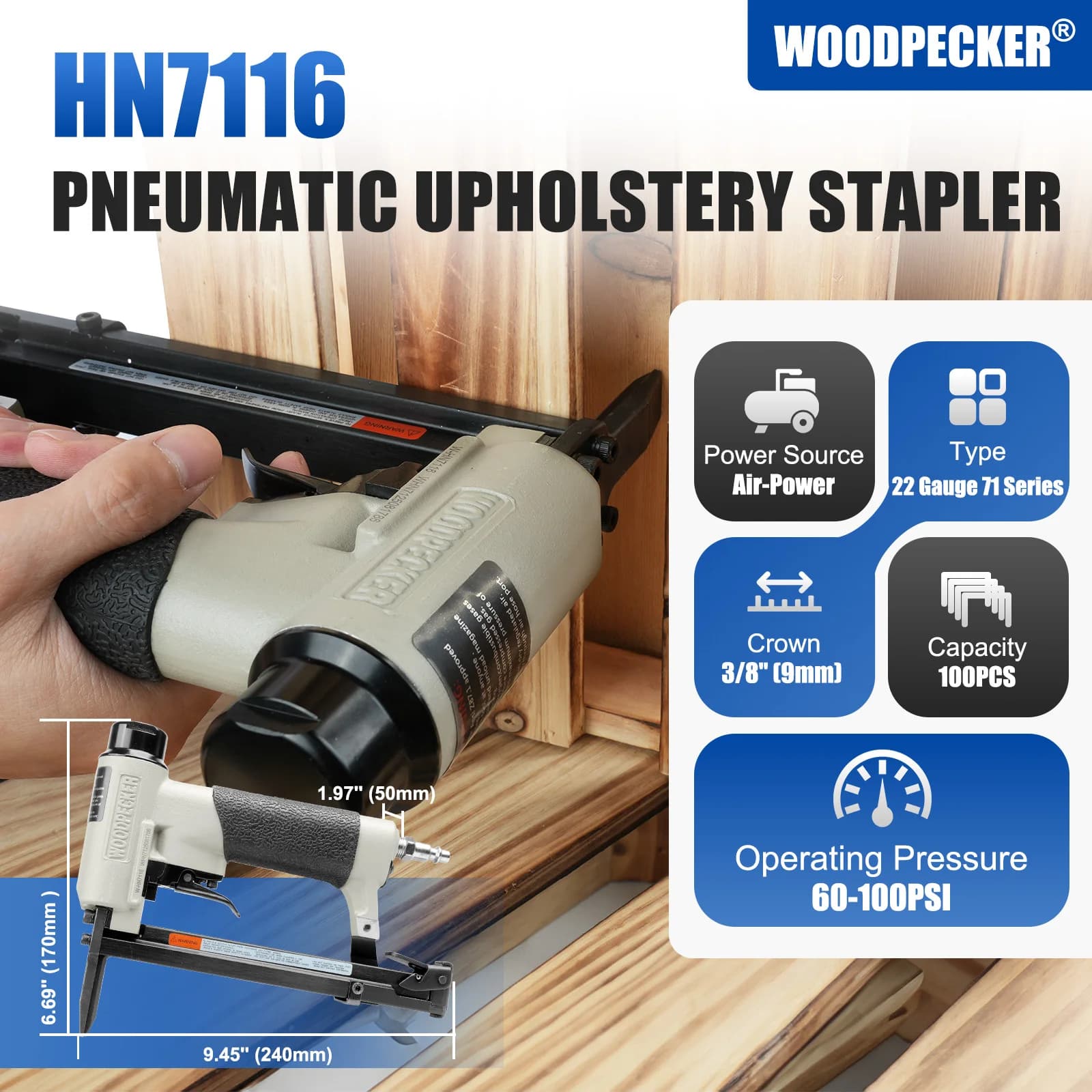Graffettatrice Pneumatica Woodpecker HN7116 Calibro 22 per Tappezzeria, Pistola Graffettatrice ad Aria per Mobili, Armadi, Sedili Auto