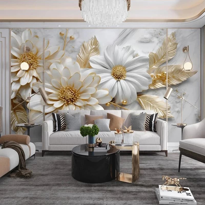 Personalized Wall Parade Paper with Photo, Home Decoration, Simple White Marble with Golden Flowers, Artistic Wall Painting for Living, TV Background, Home Decoration