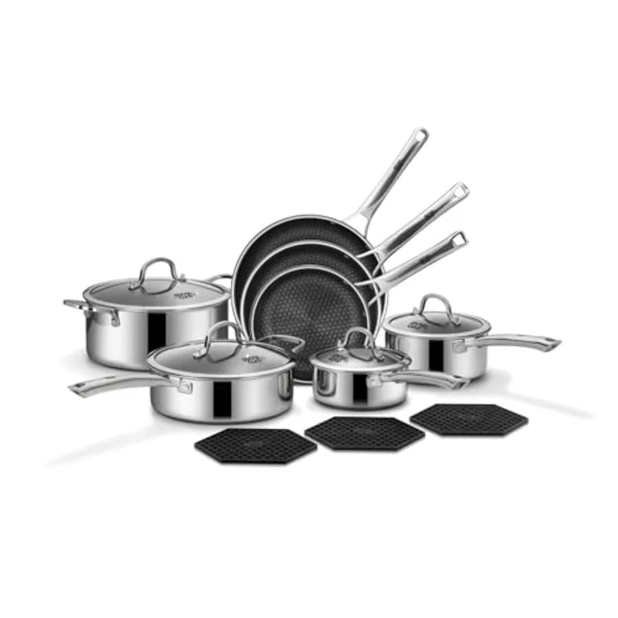 14 Pieces Hybrid Stainless Steel Non-stick Pots and Panels Sets, Cooking Pots and Panels Sets, Panels, Drawers, Soffritti Brush, Large Pentola, PFOA-free, Suitable for Induction