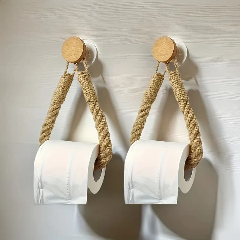 Rustic Hemp Rope Toilet Paper Holder - Self-Adhesive Wall Mount Bathroom Tissue Storage with Wooden Knob, Natural Braided
