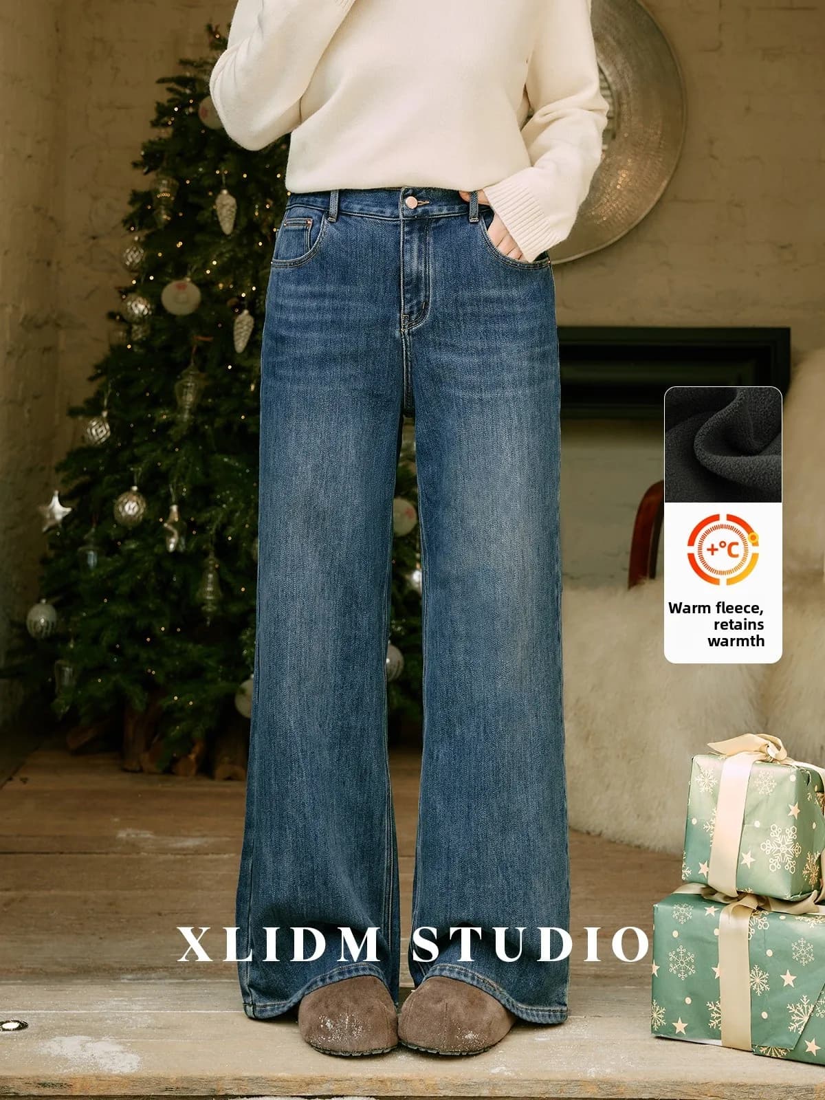 Jeans XLIDM Plus Size da Donna con Fodera in Pile, Gamba Larga, Vita Elastica, Taglio Dritto, Pantaloni in Denim Casual Invernali