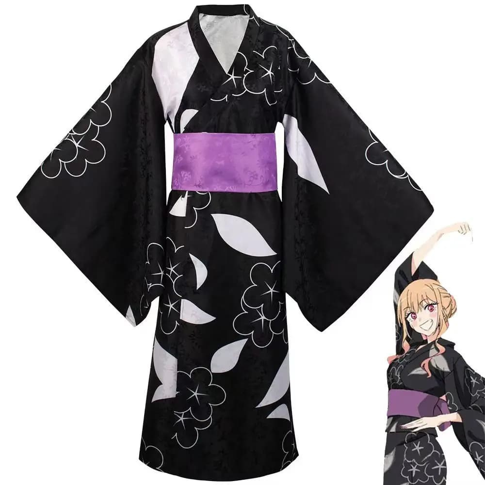 Costume Cosplay Anime My Dress-Up Daring Kitagawa Marin Yukata, Kimono Nero Floreale con Cintura Obi Viola, Outfit per Festa di Halloween