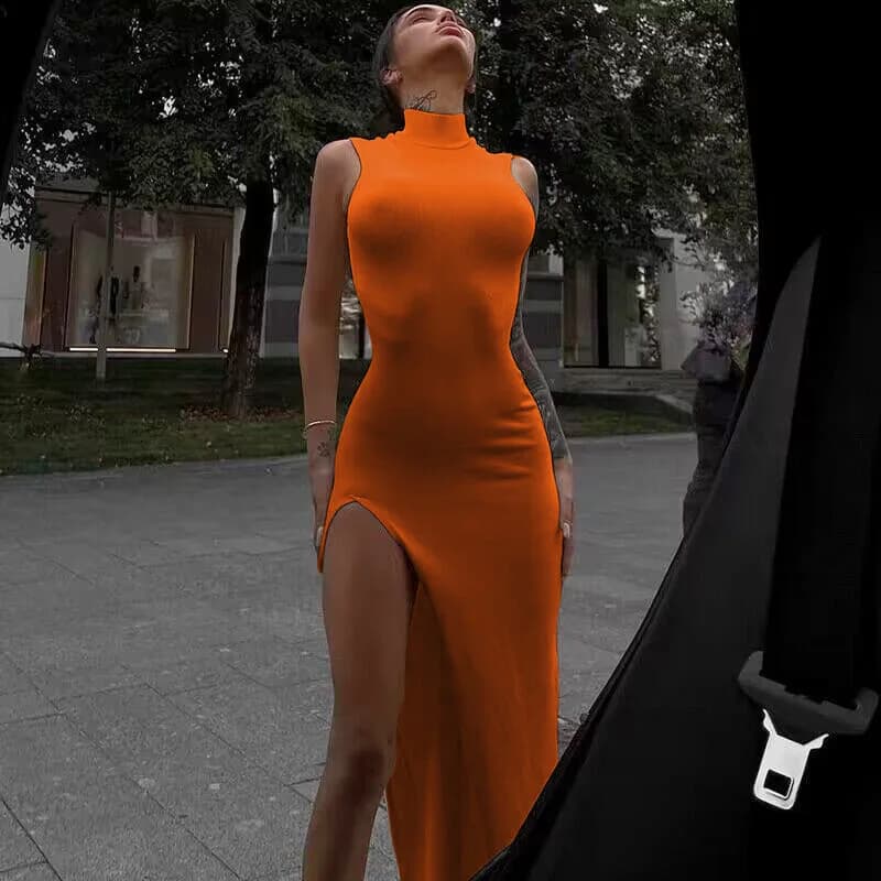 Y2k Sleeveless Orange Midi Women's Dresses Side Split Sweetheart Set Sexy Dress Party Dress Elegant 2024 Vintage Base Dress