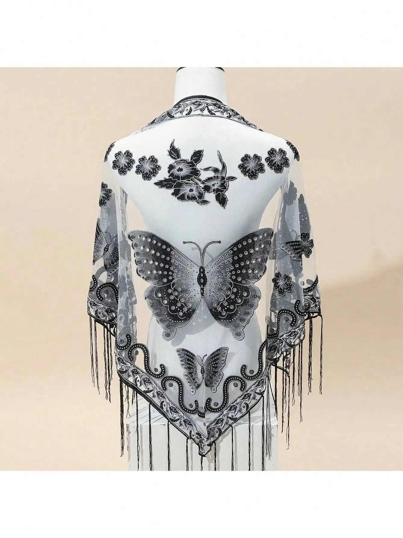 29.5inch * 55.1inch Triangle Scarf, Butterfly Flower Embroidered Lace Tassel Shawl, Elegant Breathable Windproof Outdoor Accessories
