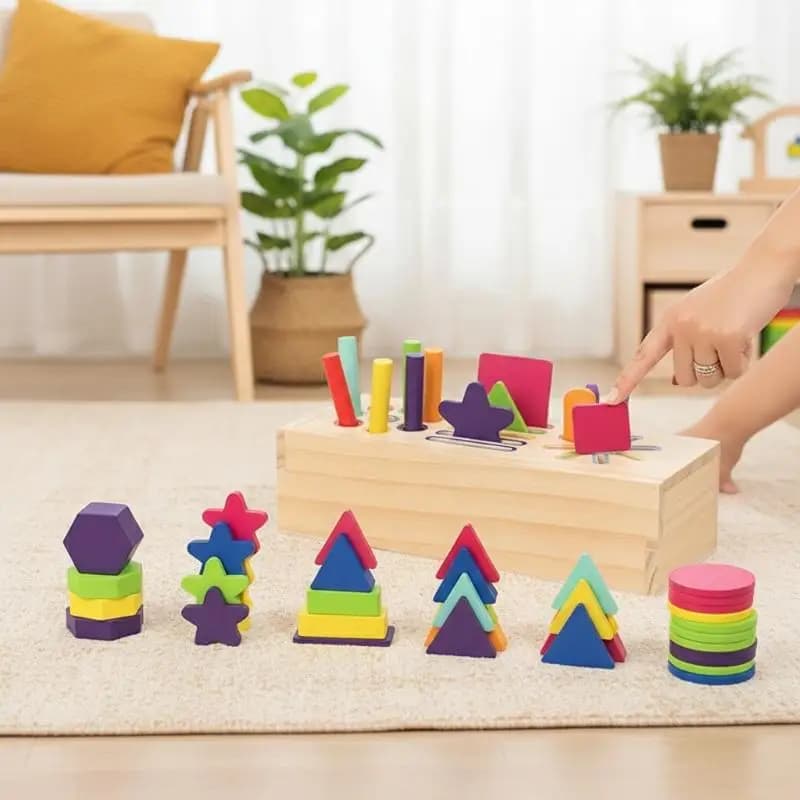 Montessori Geometric Solids Wooden 3D Shapes Toy Color Sorting Blocks for Early Math Learning School Classroom Activity