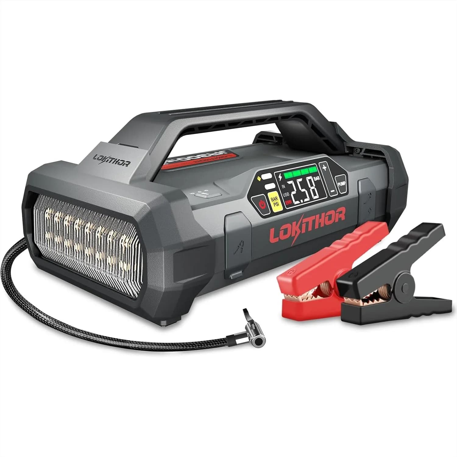 Avviatore di Emergenza con Compressore d'Aria 1500A 12V, Booster per Batteria Auto per Motori a Benzina 7.0L o Diesel 4.5L, Gonfiatore Pneumatici 150 PSI con