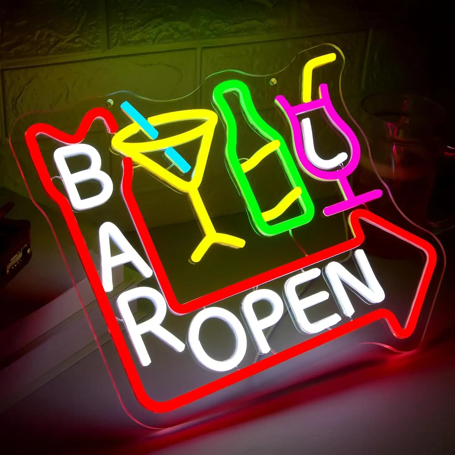 Insegna al neon aperta da bar con freccia USB dimmerabile birra cocktail luce al neon decorazione da parete per birra cocktail negozio pub festa di Natale uomo C