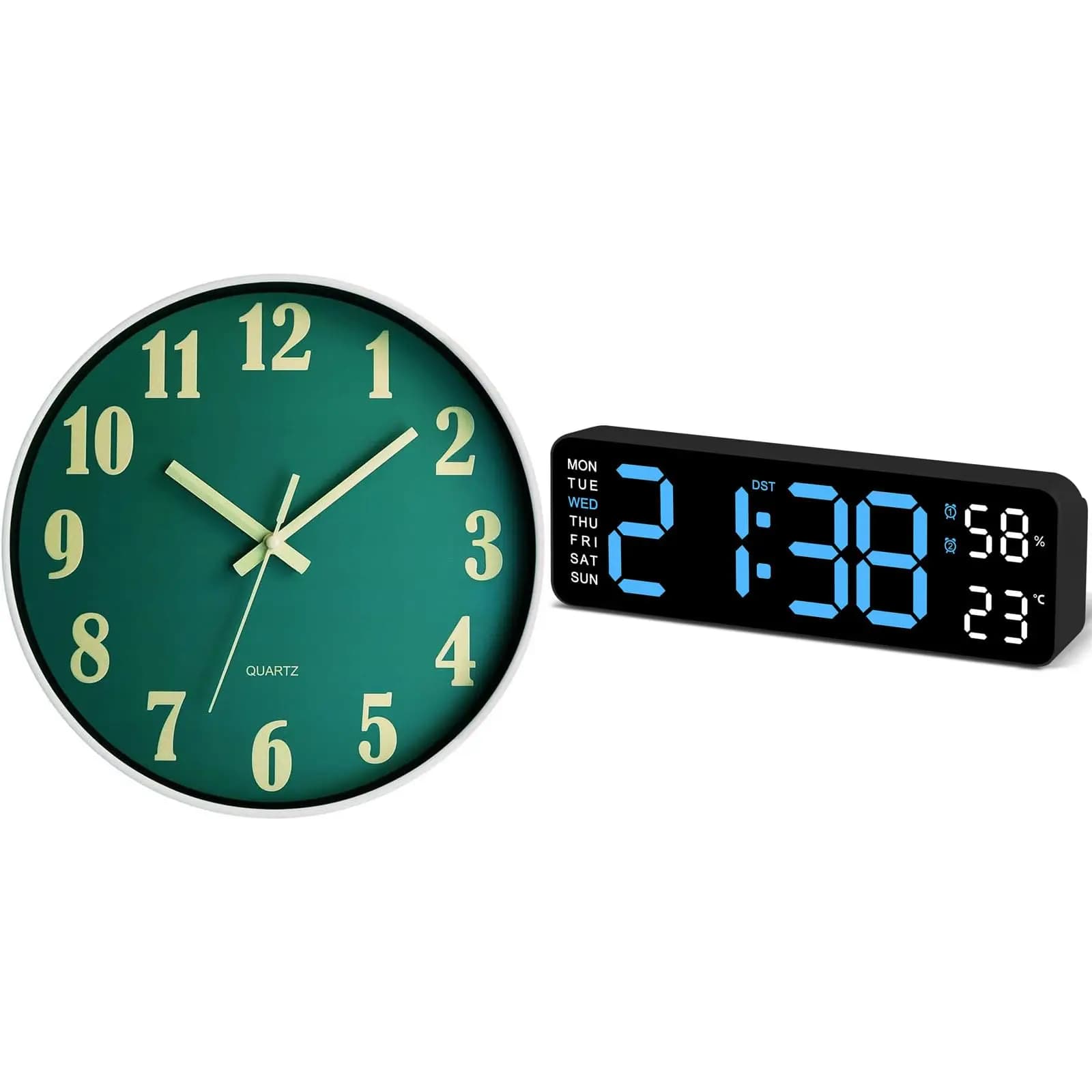 Orologio da parete luminoso al buio da 12 pollici e orologio digitale a LED da 9 pollici, silenzioso, moderno, con ampio display per soggiorno