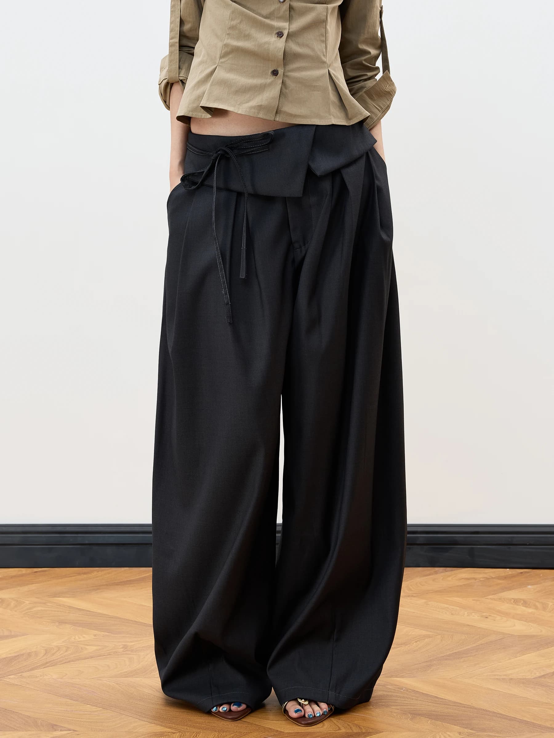 JUNECUT Casual Trousers Women's Wide Waist Belted Loose Long Pants Knife Foldover Design Comfortable Straight Leg Trousers