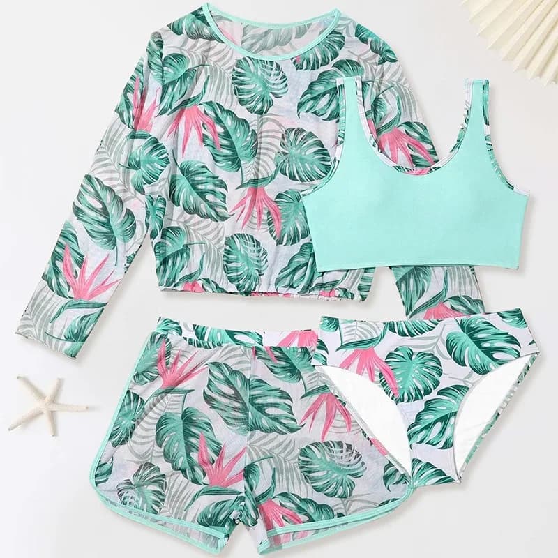 Costume da bagno per ragazze, set di quattro pezzi, manica lunga, pantaloncini, giacca, protezione UV