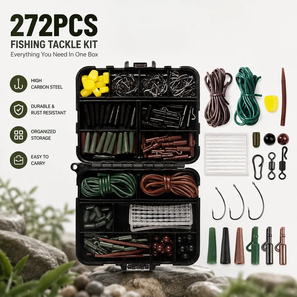JSFUN Kit da Pesca alla Carpa 272 Pezzi, Ami in Acciaio ad Alto Tenore di Carbonio, Piombi, Accessori per la Linea, Scatola Organizzata