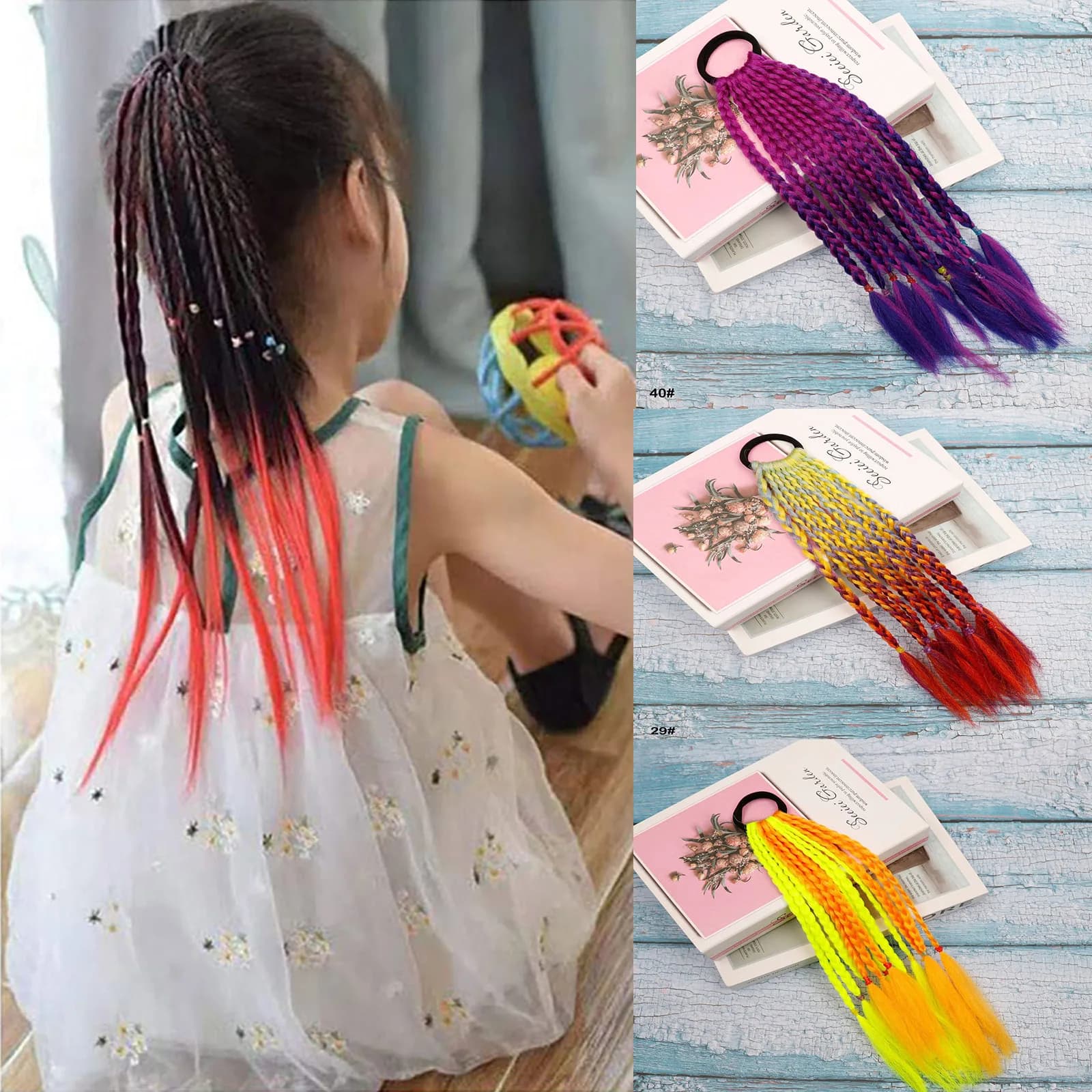 Synthetic Ombre Colorful Braided Hair Extensions Elastic Hair Tie Ponytail for Kids Cosplay Party