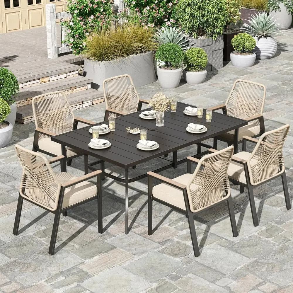 7 Pieces Patio Table and Chairs Set, Outdoor Dining Set or 6, 6 x Cushioned Woven Rattan Patio Chairs and 1 x Black Metal Table