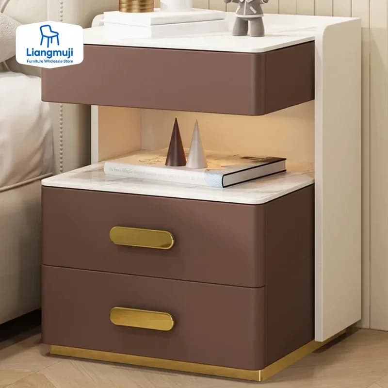 Comodino per casa intelligente, blocco password di ricarica wireless, contenitore per camera da letto a tre strati, contenitore in legno massello, comodino