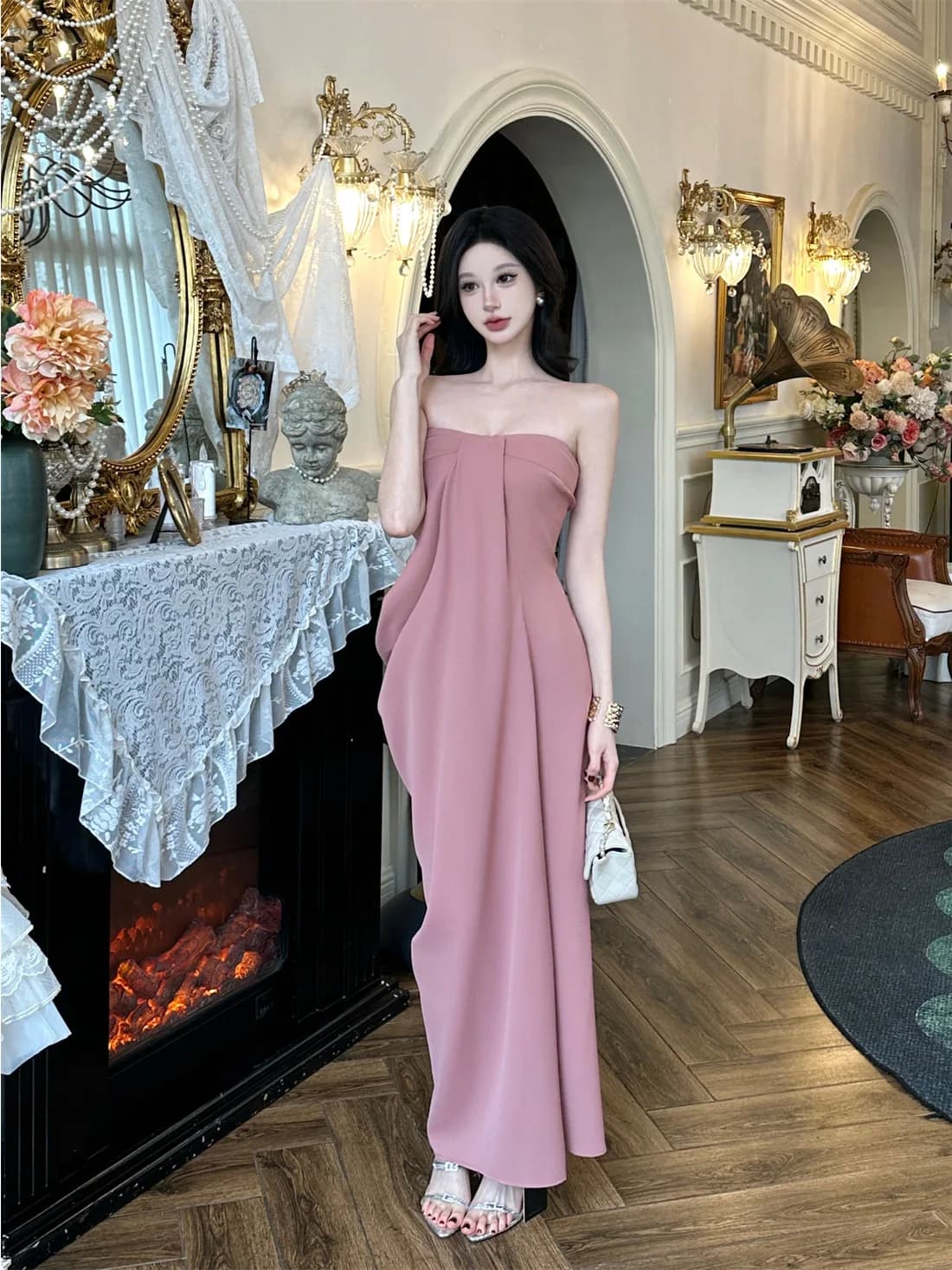 Abito Lungo Casual da Donna con Vita Arricciata, Vestito da Cocktail Slim Fit Monospalla Elegante