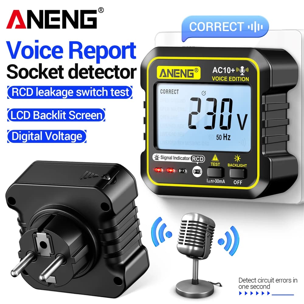 ANENG Digital Smart Socket Detector Voice Broadcast AC10+ Polarity Socket Inspector Circuit Checker US/EU Plug Leakage Test Tool