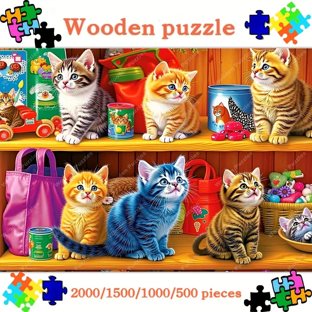 Puzzle grande da 500/1000/1500/2000 pezzi per adulti: simpatici gattini e gatti malvagi con 10 scene colorate, puzzle impegnativo a forma di gatto