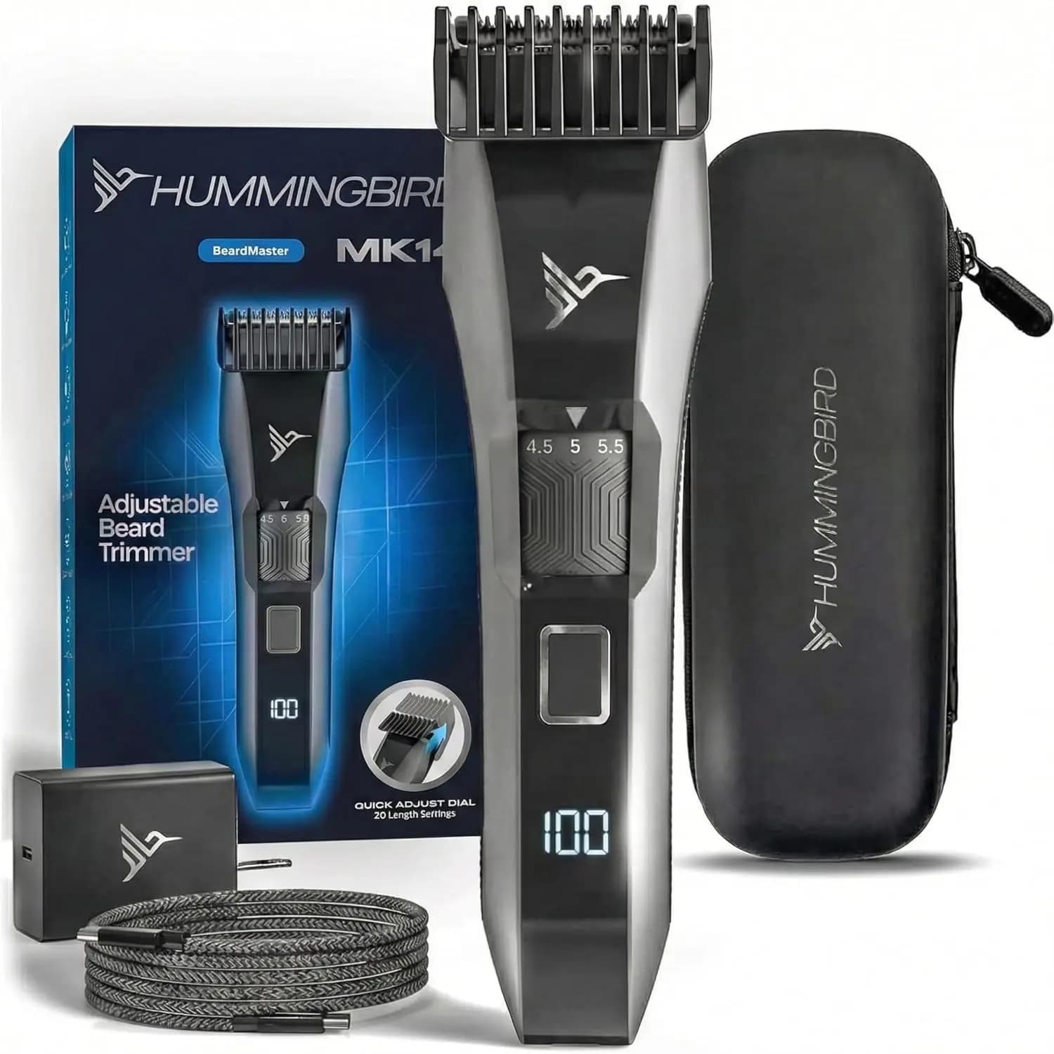 Regolabarba Premium con lunghezze regolabili, ricaricabile tramite USB-C, impermeabile, display LED e custodia da viaggio