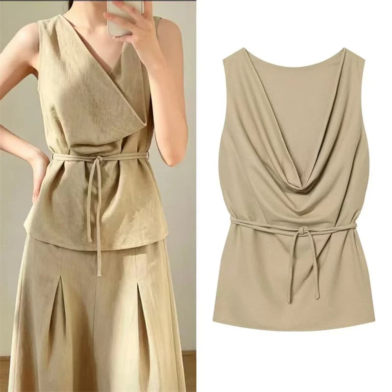 Women's Top 2026 Summer New Style Khaki Sleeveless Cowl Necktop with Belt Decoration Elegant and Fashionable