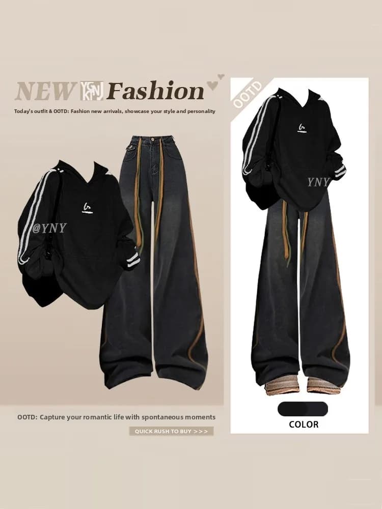 Completo da donna taglie forti con felpa nera e pantaloni a gamba larga, set due pezzi elegante primavera 2026, pantaloni a vita alta con motivo a righe