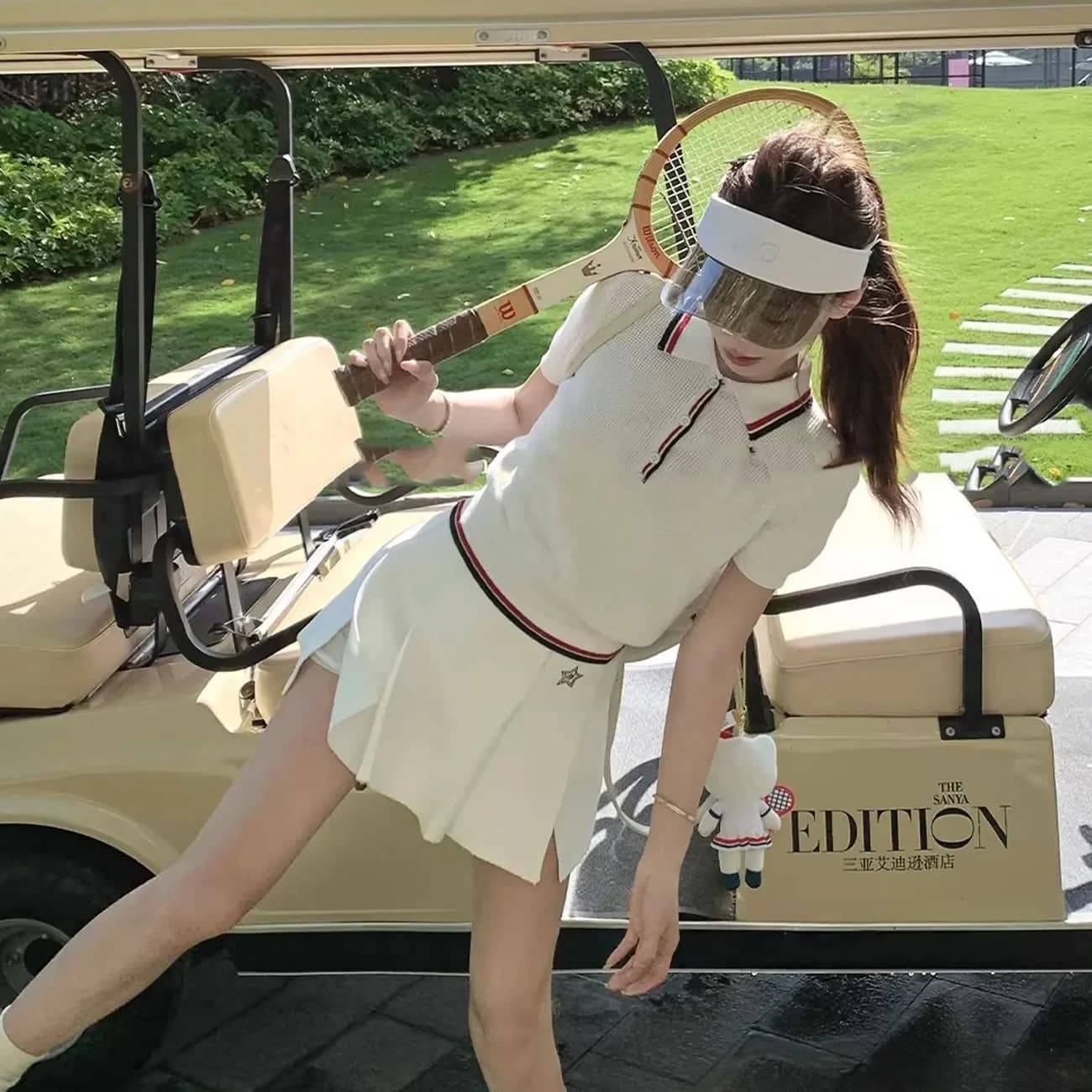 Summer Women Tennis Series Waffle Knitwear Golf POLO Skirt Suit Short-sleeved Top High Waist Skirt Two-piece Golf Clothing