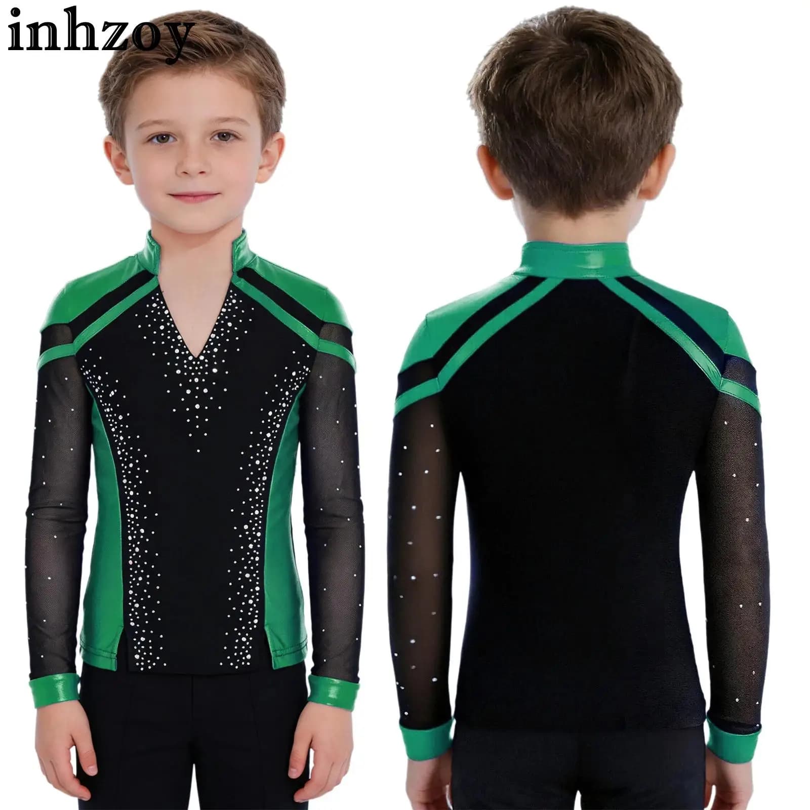Bambini Ragazzi Maglia trasparente Manica lunga Strass lucidi Pattinaggio di figura metallizzato Top da ballo Allenamento Performance sul palco Dancewear