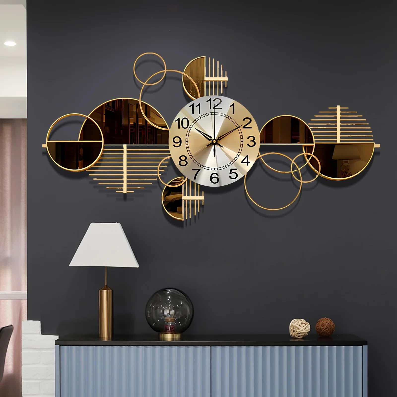 Metal Wall Clock Decorative 3D Metal Wall Art Clock For Living Room Bedroom Creative Modern Big Wall Clock Decor With Silent No-Ticking 34 X 17 Inch