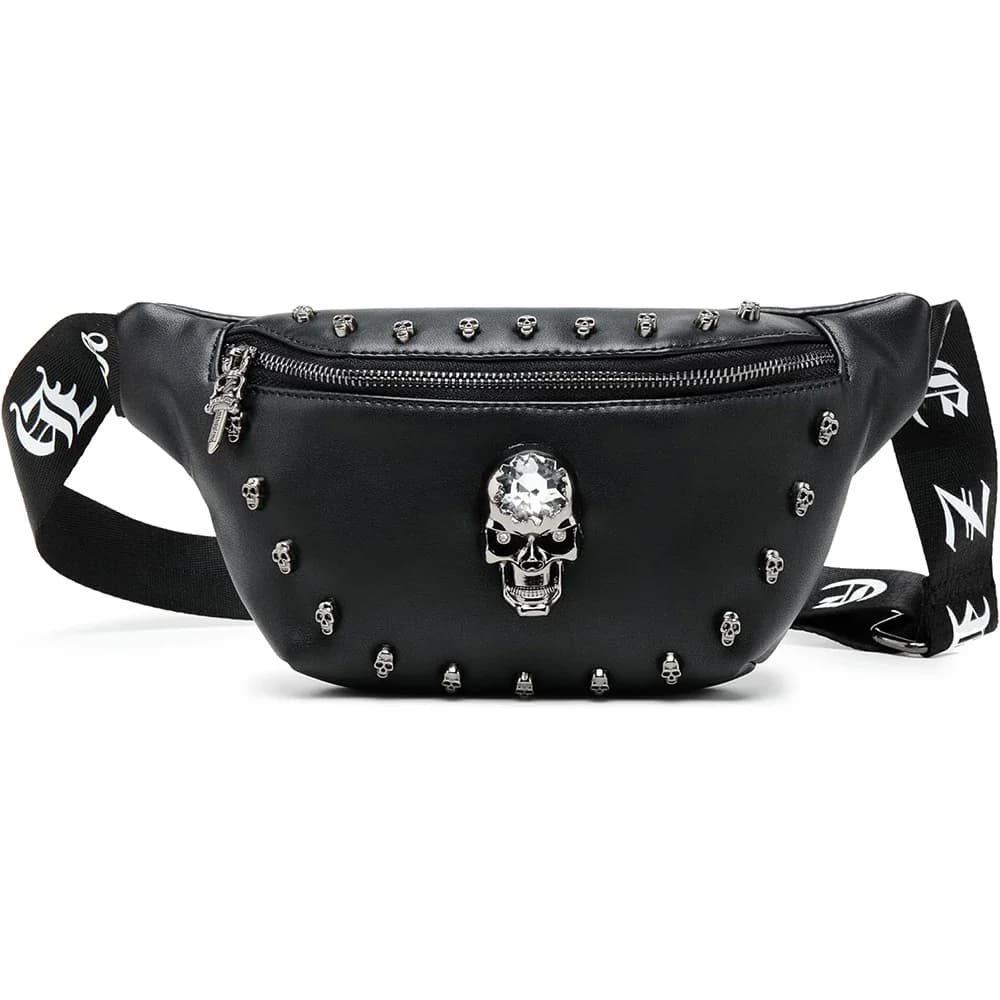 Fashionable Leather Waist Bags Shoulder Bags with Design Black Skull Waist Waist Bag Festival Travel Running Hiking