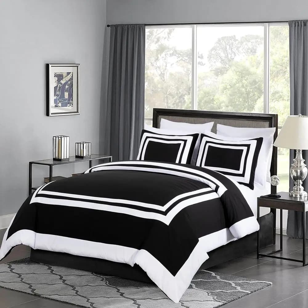 Wyatt 7 Pieces California King Full Bed Set - Bed Linen Style Hotel with Sheet Set - Black/White Square