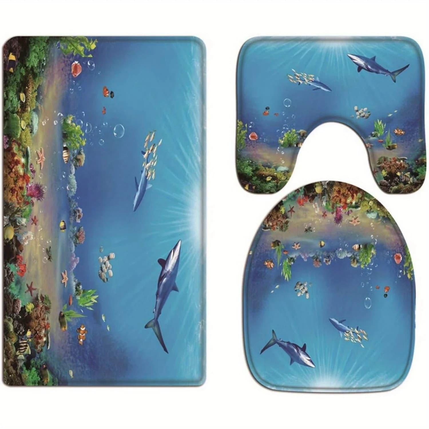Tappetino da bagno per camper Set di 3 squali subacquei Pesci Corallo Vita marina Oceano blu Tappetino piedistallo per WC lavabile Copri coperchio per sedile WC Cuscino
