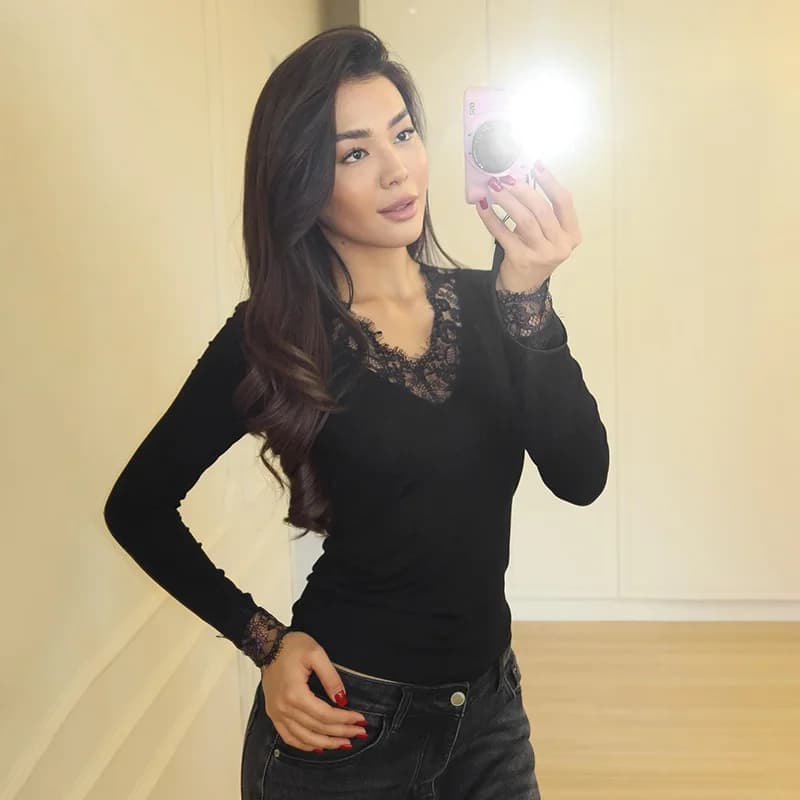 Women's V-neck Lace Trim Splice Waist-cinching Belly-baring Top Autumn New Style Cross-border Fashion Long Sleeve Polyester