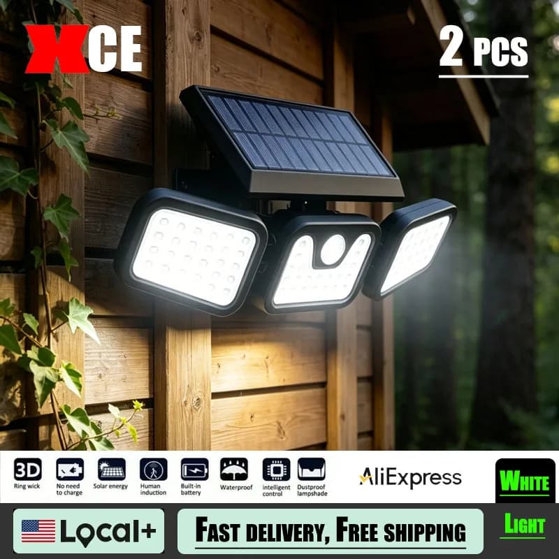 Luci Solari da Esterno con Sensore di Movimento, Impermeabili, 3 Teste Regolabili, Ampio Angolo, per Garage, Cortile e Patio