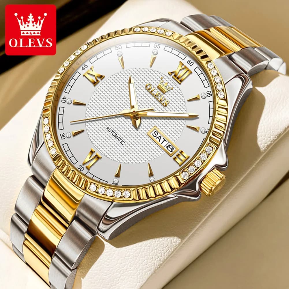 OLEVS 6676 Men's mechanical wristwatch with diamonds Top luxury calendar original men's automatic waterproof stainless steel watches