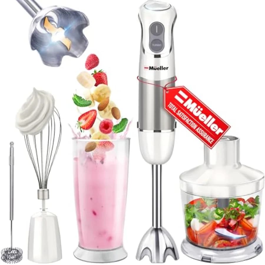 Frullatore a Immersione Mueller Multistick 800W 4-in-1, Mixer Manuale a 12 Velocità - Turbo Boost, Motore in Rame Ultra Resistente, Titanio