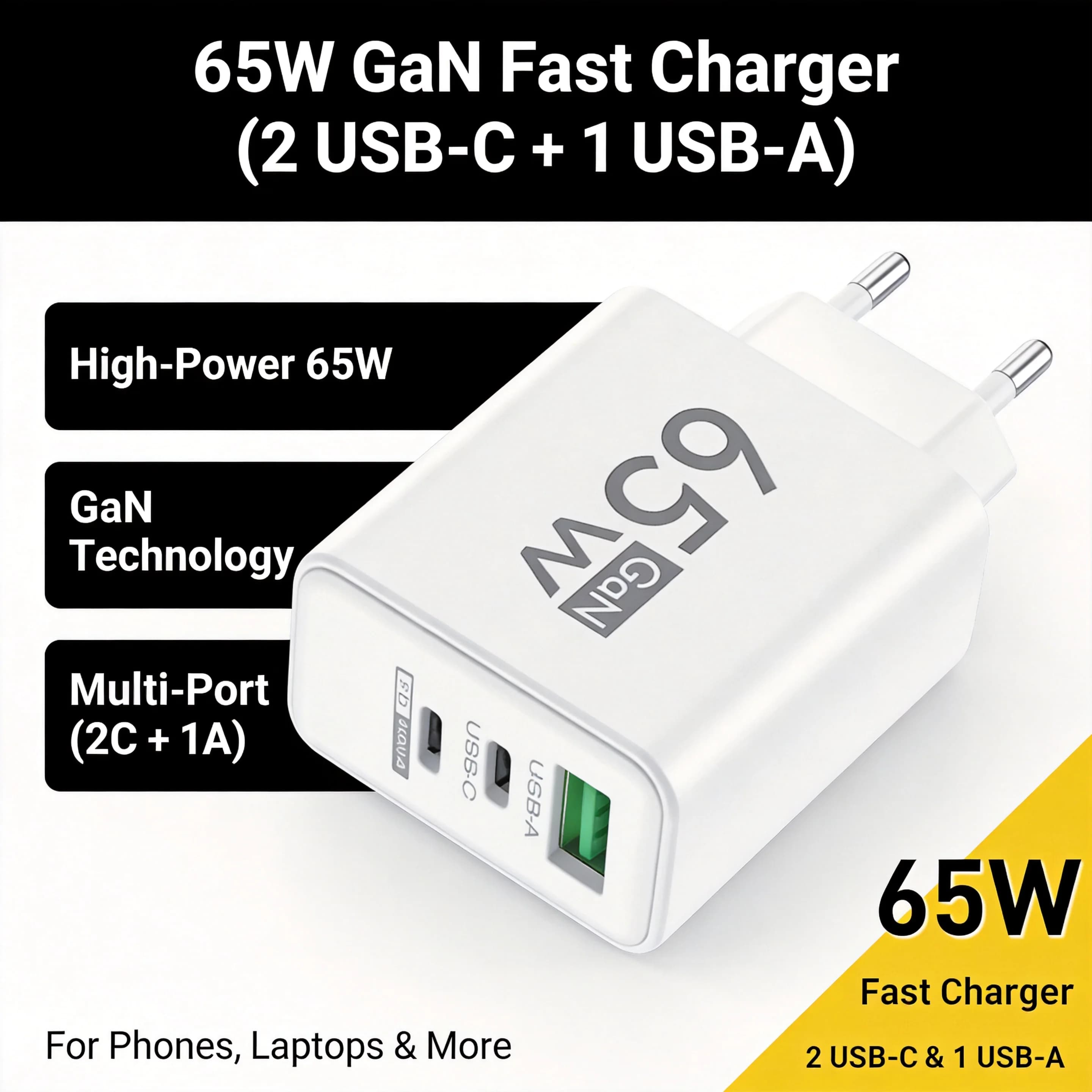Caricabatterie USB Type C GaN a ricarica rapida 65W, adattatore da parete con spina EU/KR PD 3.0 per ricarica rapida per iPhone 15, Xiaomi, Huawei, Samsung