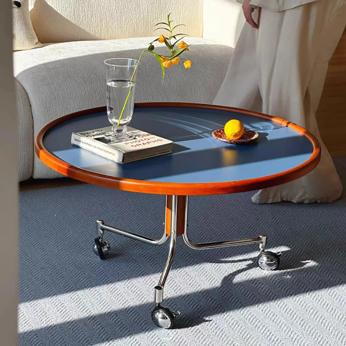 Bauhaus Round Coffee Table, Mid-Century Rolling Side Cart with Stainless Steel Frame, Fireproof Board Top for Living Room