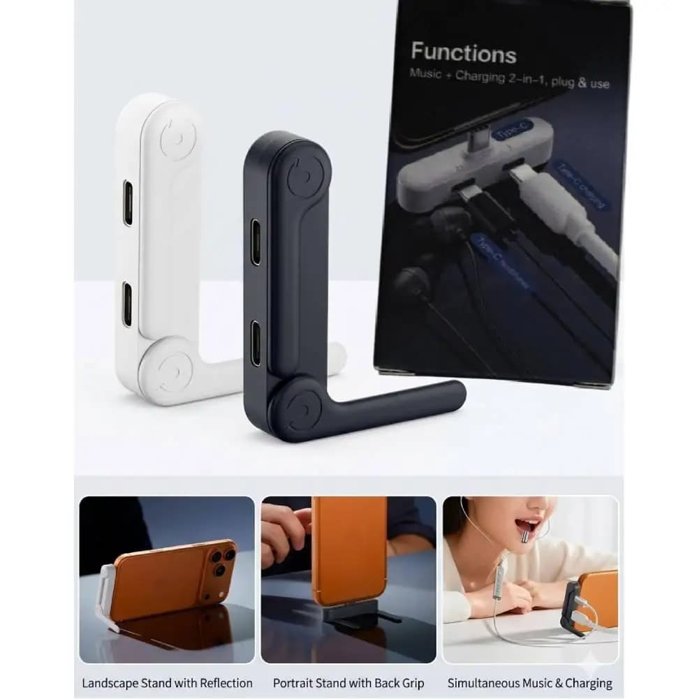Adattatore USB C 2 in 1 per cuffie con supporto telefono e splitter Type C per ricarica rapida e audio per iPhone 17 16 15 e Samsung