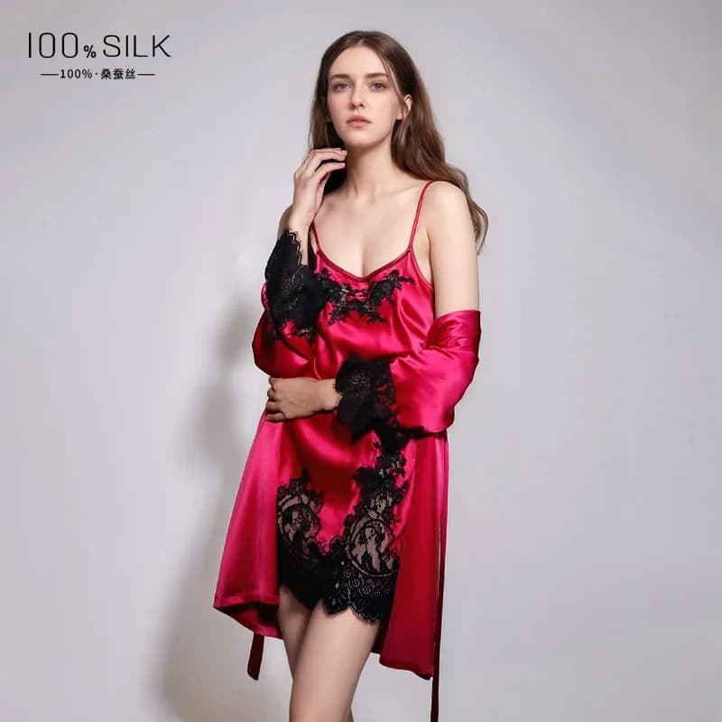 19 MILLIMETRI 100% Seta Naturale Sexy Del Merletto Twinset Robe Set di Colore Solido Degli Indumenti Da Notte Camicia Da Notte Accappatoio Abito di Sonno Kimono Home Wear PJS