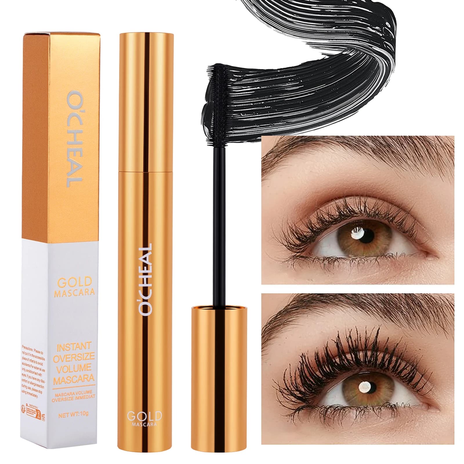 O'CHEAL Balck Mascara 3D Seta Ricci spessi Ciglia allungate Asciugatura rapida Non facile da sbavare Mascara dorato Impermeabile a lunga durata