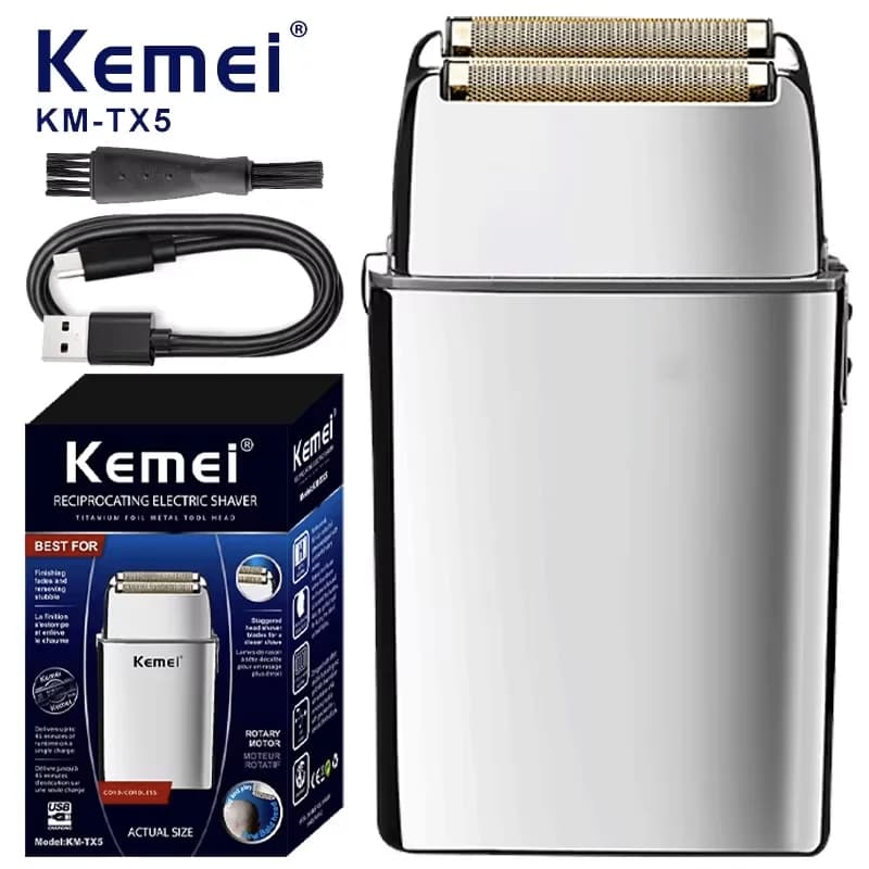 Kemei KM-TX5 Premium Rechargeable Battery Type Silver Razor Electric Dual Network Aluminum Alloy Electric Razor