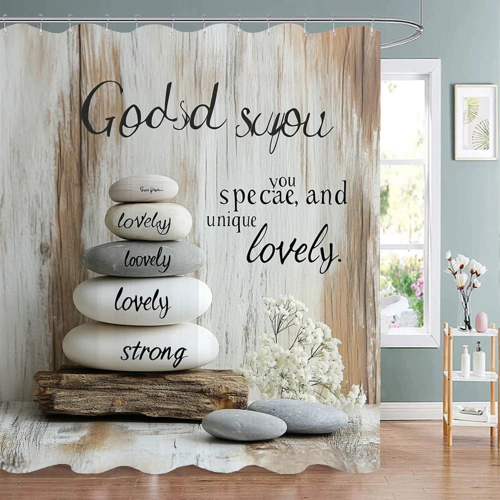 Tenda da doccia Zen Garden, con motivi di pietra, fiori, spa e meditazione, decorativa per il bagno, stampata con ganci